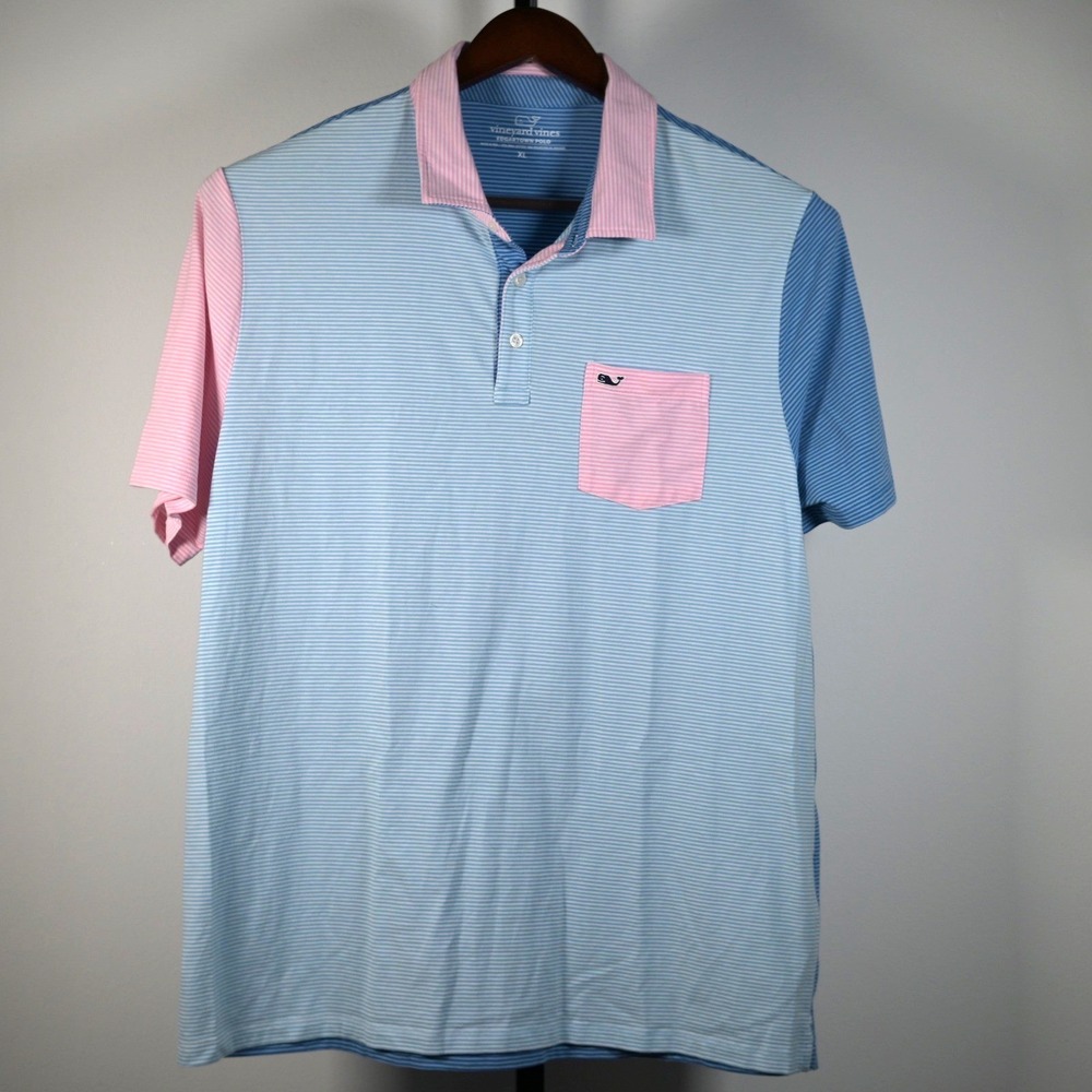 Vineyard Vines Edgartown‎ Polo Shirt Mens XL Blue Pink Striped Colorblock Cotton
